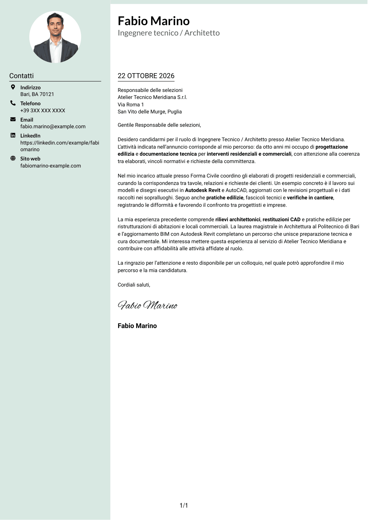Lettera di presentazione Dirigente (formato con colonna laterale tenue e foto arrotondata): Ingegnere Tecnico / Architetto, pagina 1