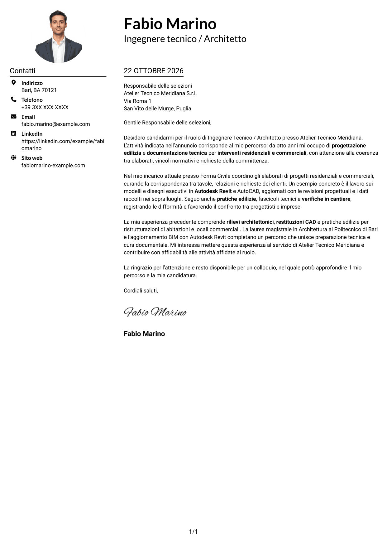Esempio di lettera di presentazione — pagina 1