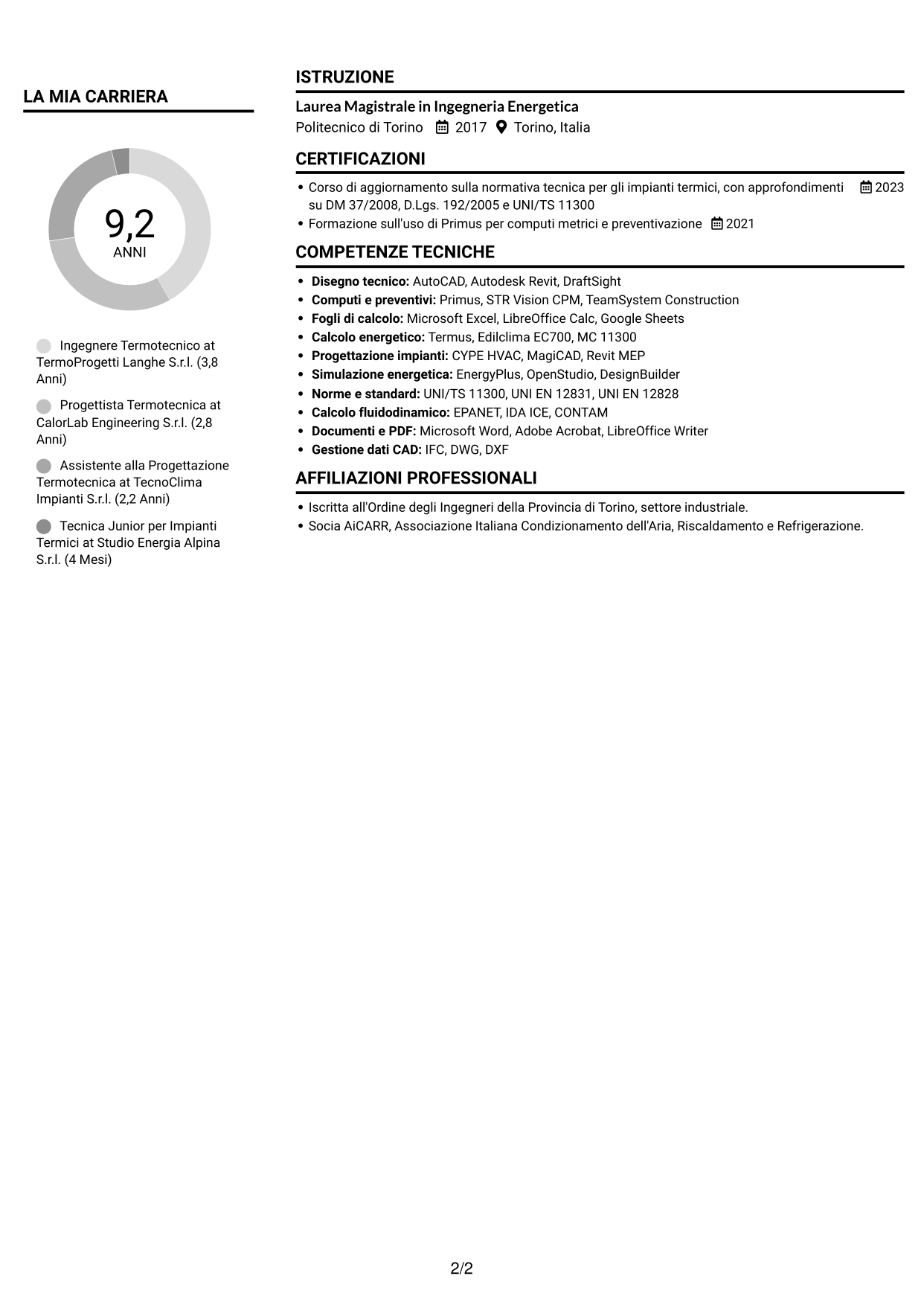 CV Compatto (formato sobrio a due colonne con foto): Ingegnere Termotecnico - Progettazione di Impianti Termici, pagina 2