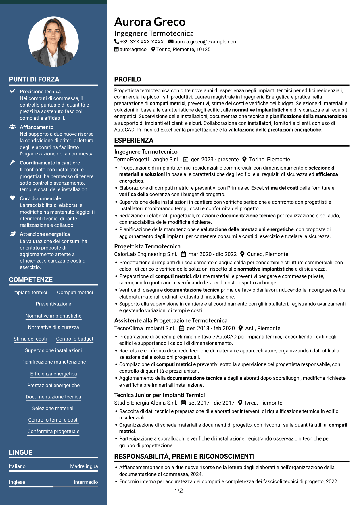 CV Elegante (formato con colonna laterale colorata e foto): Ingegnere Termotecnico - Progettazione di Impianti Termici, pagina 1