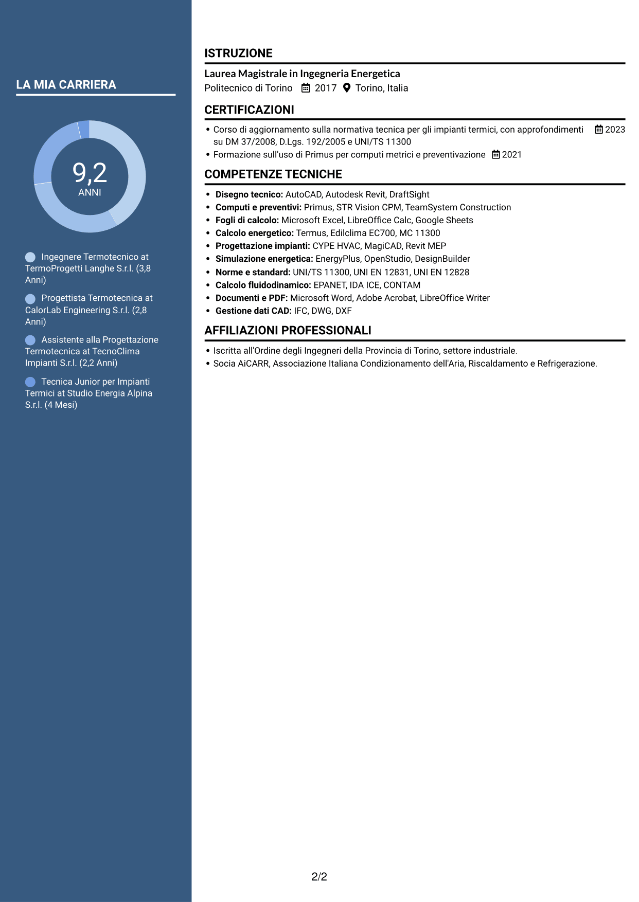 CV Elegante (formato con colonna laterale colorata e foto): Ingegnere Termotecnico - Progettazione di Impianti Termici, pagina 2