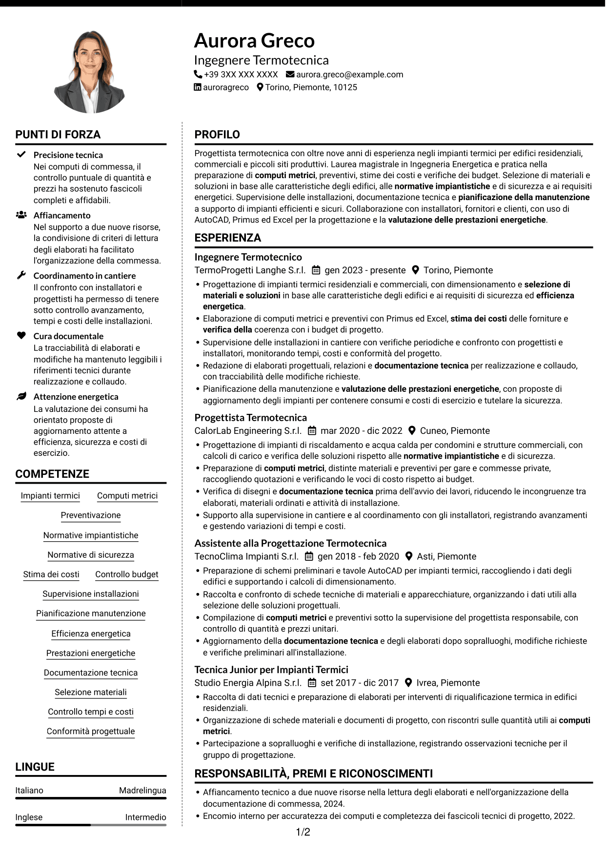 CV Moderno (formato a due colonne con foto a sinistra e separatore): Ingegnere Termotecnico - Progettazione di Impianti Termici, pagina 1