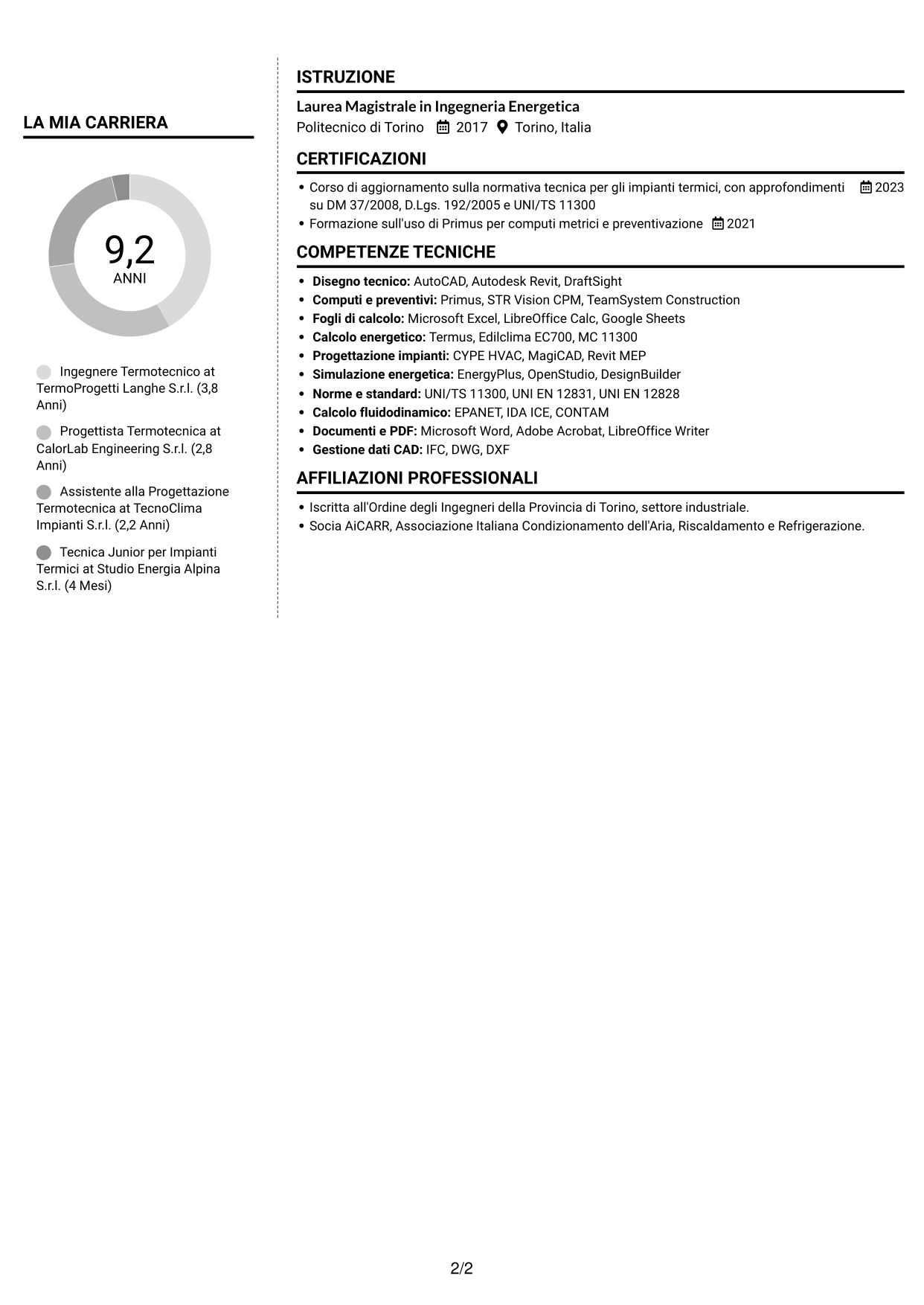 CV Moderno (formato a due colonne con foto a sinistra e separatore): Ingegnere Termotecnico - Progettazione di Impianti Termici, pagina 2