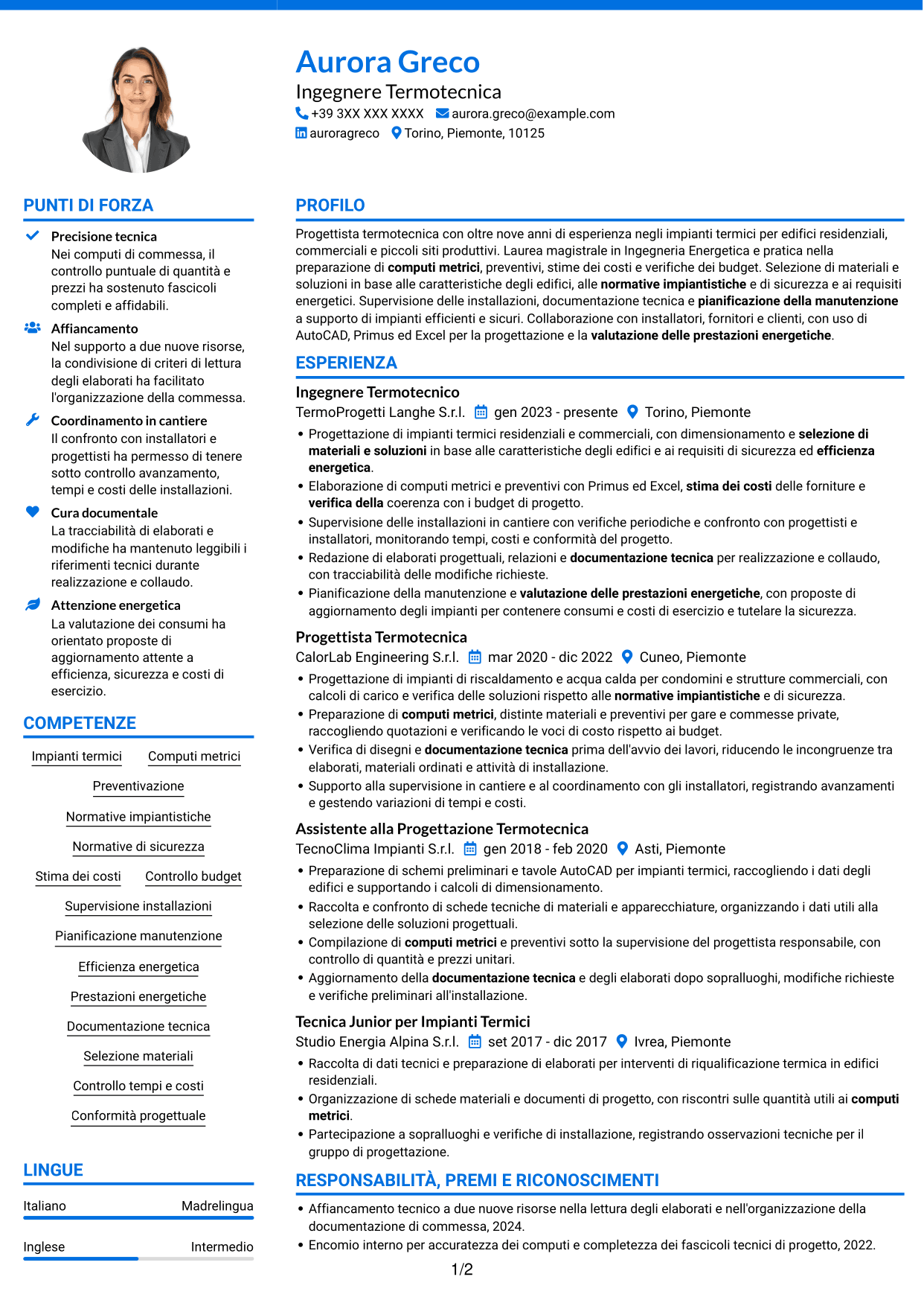 CV Audace (formato a due colonne con accenti colorati e foto): Ingegnere Termotecnico - Progettazione di Impianti Termici, pagina 1