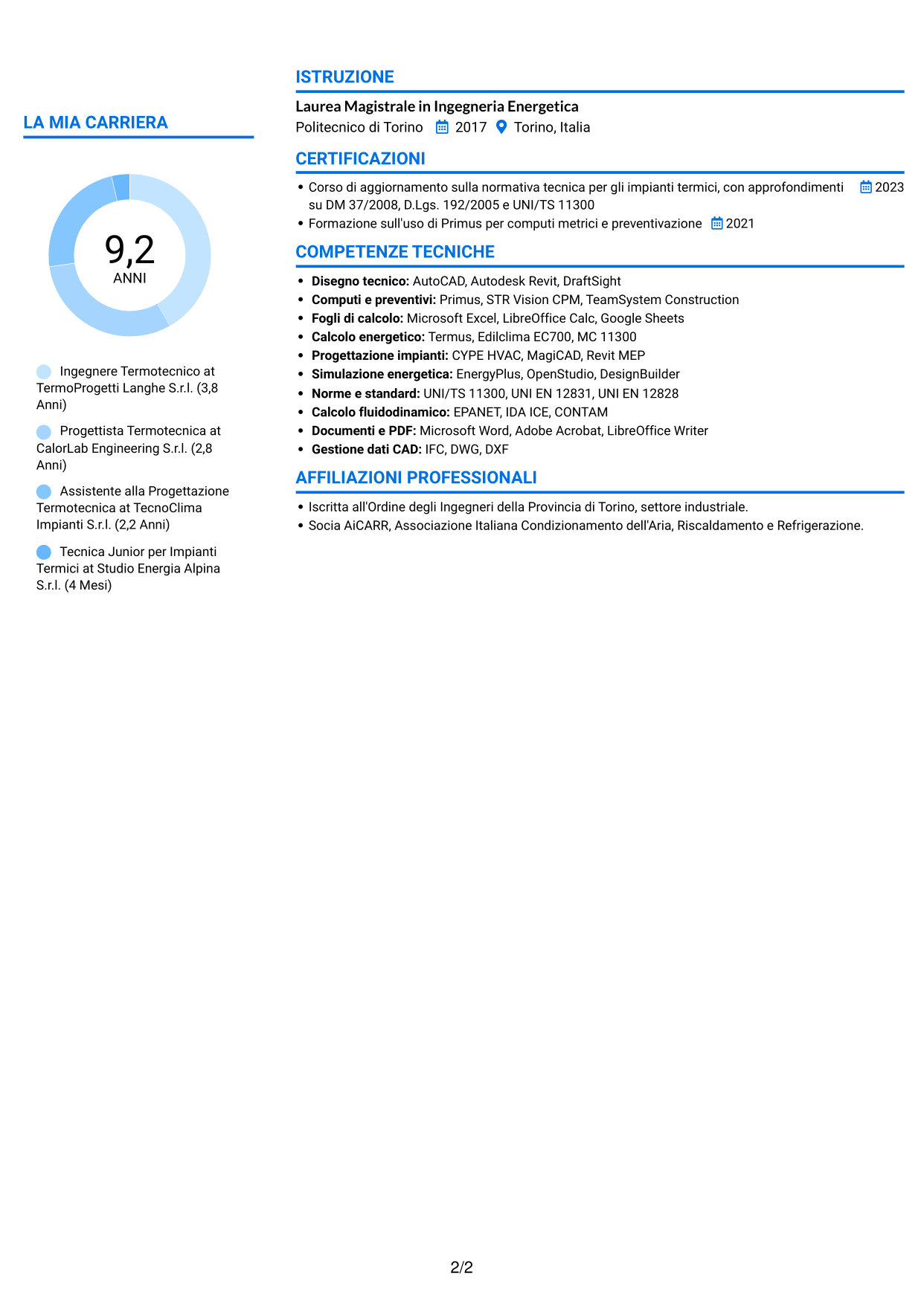 CV Audace (formato a due colonne con accenti colorati e foto): Ingegnere Termotecnico - Progettazione di Impianti Termici, pagina 2