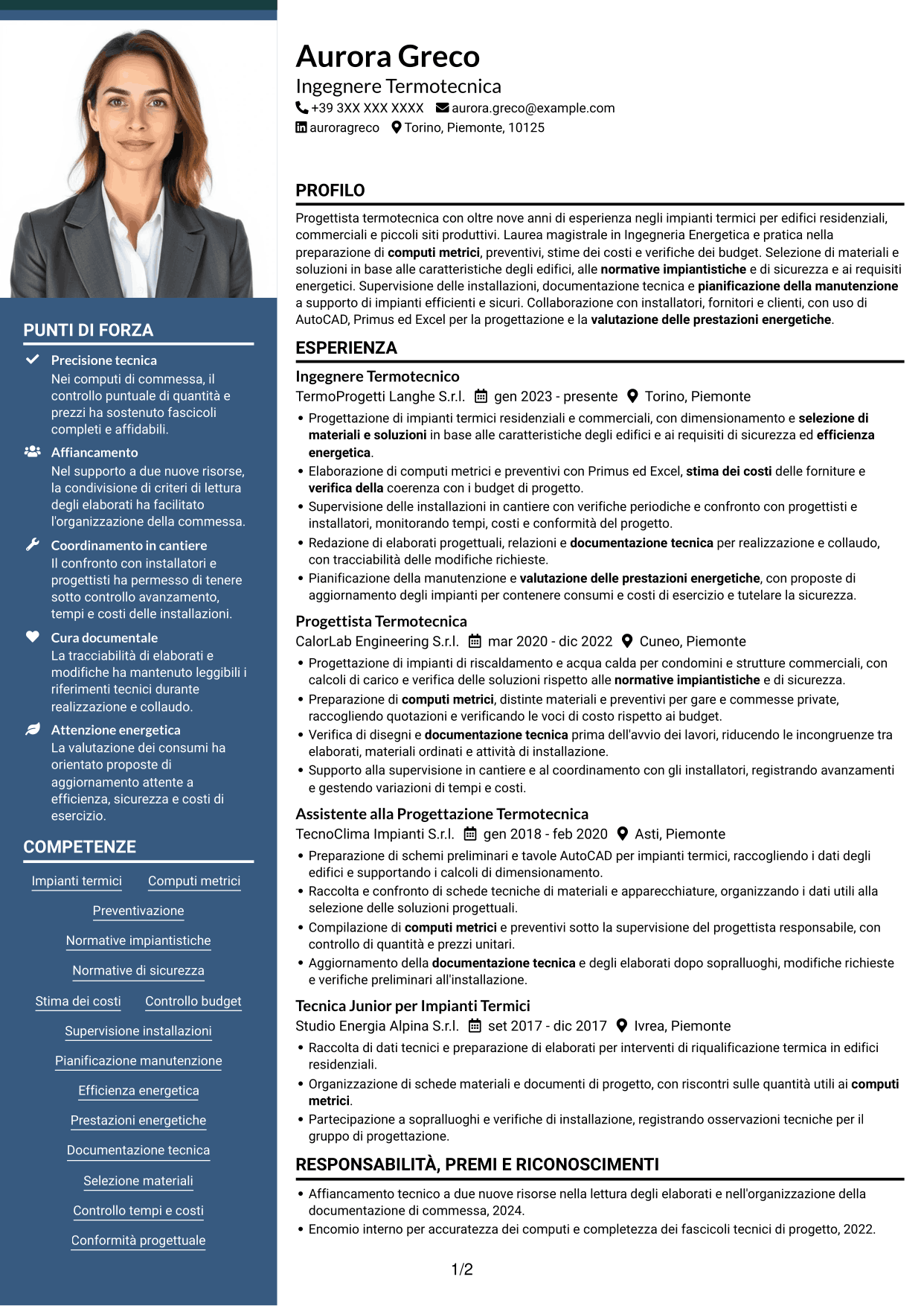 CV Signature (formato con colonna laterale colorata e foto grande): Ingegnere Termotecnico - Progettazione di Impianti Termici, pagina 1