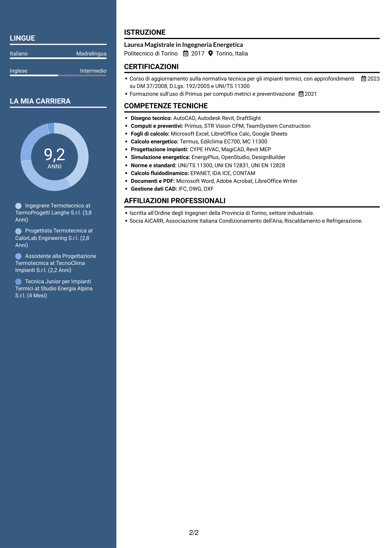 CV Signature (formato con colonna laterale colorata e foto grande): Ingegnere Termotecnico - Progettazione di Impianti Termici, pagina 2