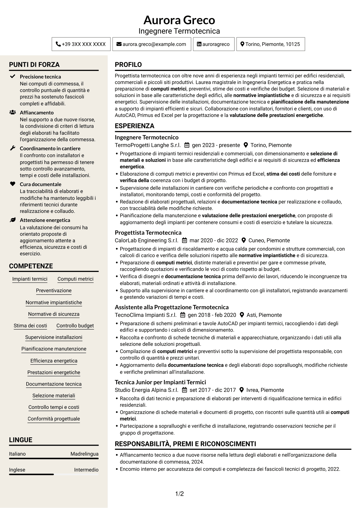 CV Intraprendente (formato a due colonne con intestazione centrata senza foto): Ingegnere Termotecnico - Progettazione di Impianti Termici, pagina 1