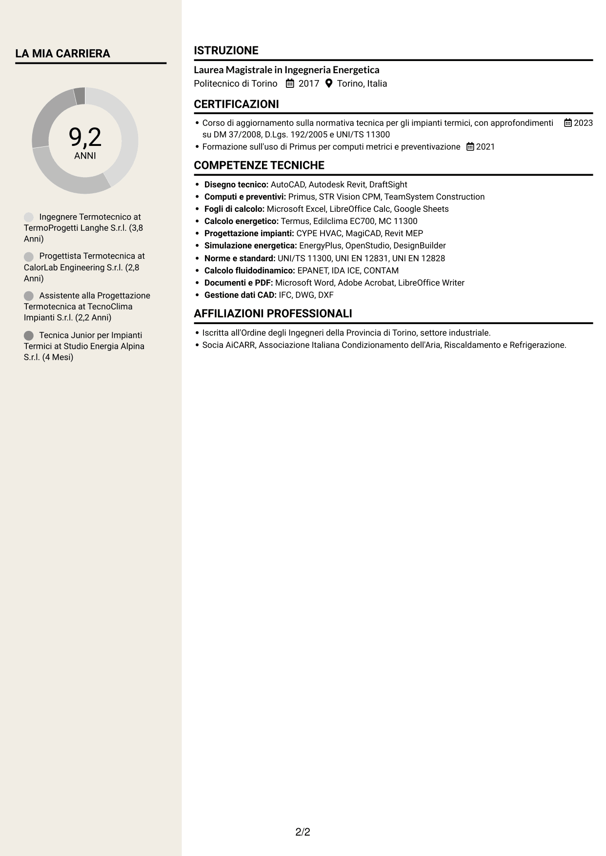 CV Intraprendente (formato a due colonne con intestazione centrata senza foto): Ingegnere Termotecnico - Progettazione di Impianti Termici, pagina 2