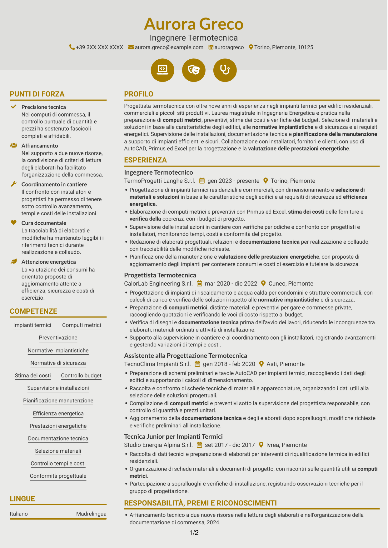 CV Dinamico (formato a due colonne con icone): Ingegnere Termotecnico - Progettazione di Impianti Termici, pagina 1