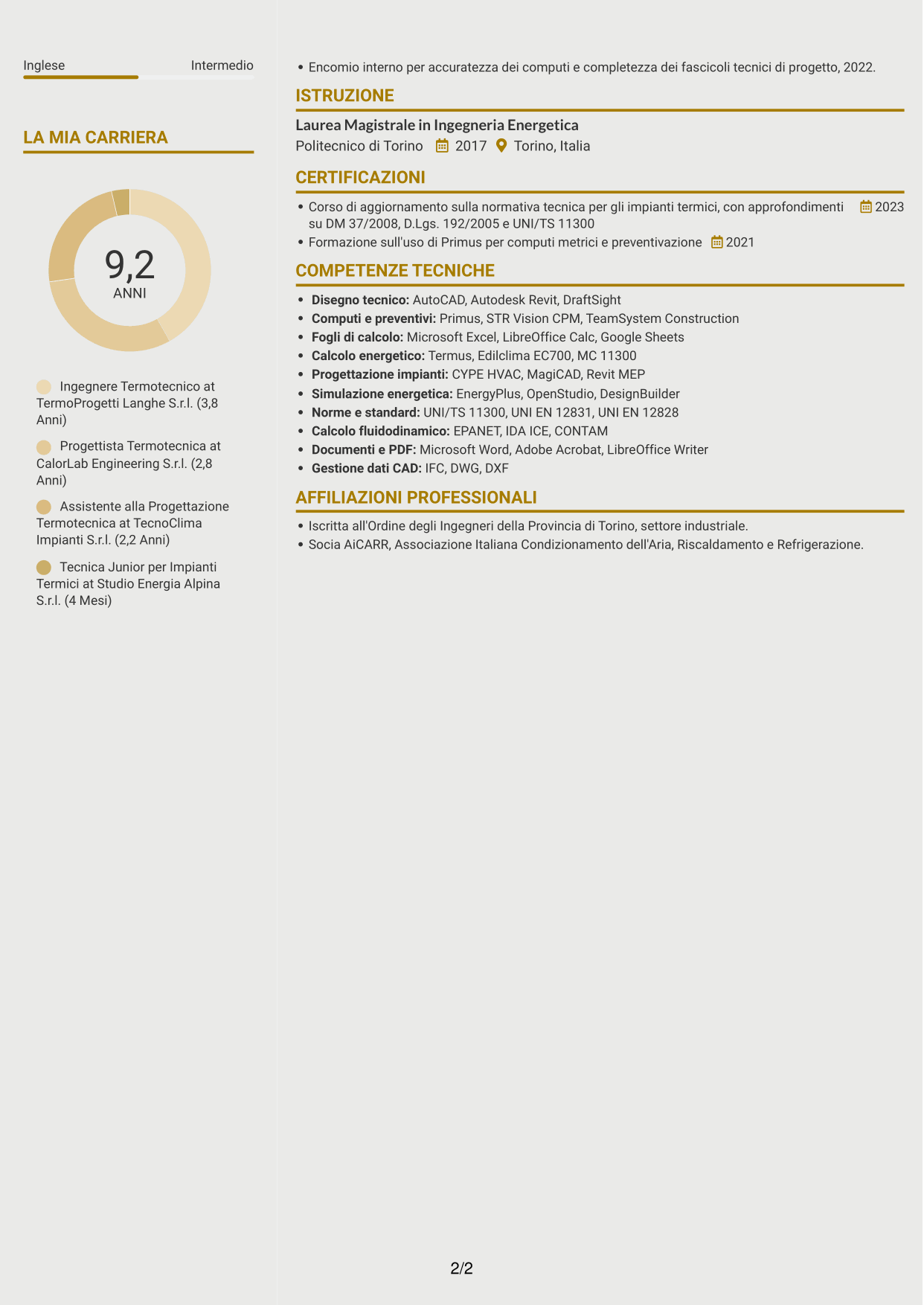 CV Dinamico (formato a due colonne con icone): Ingegnere Termotecnico - Progettazione di Impianti Termici, pagina 2
