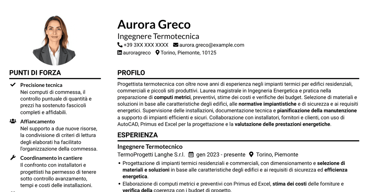 7 modelli di CV per Ingegnere Termotecnico - Progettazione di Impianti Termici, con esempi