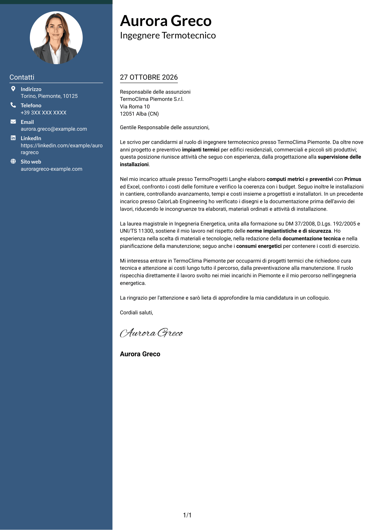 Lettera di presentazione Elegante (formato con colonna laterale colorata e foto): Ingegnere Termotecnico - Progettazione di Impianti Termici, pagina 1