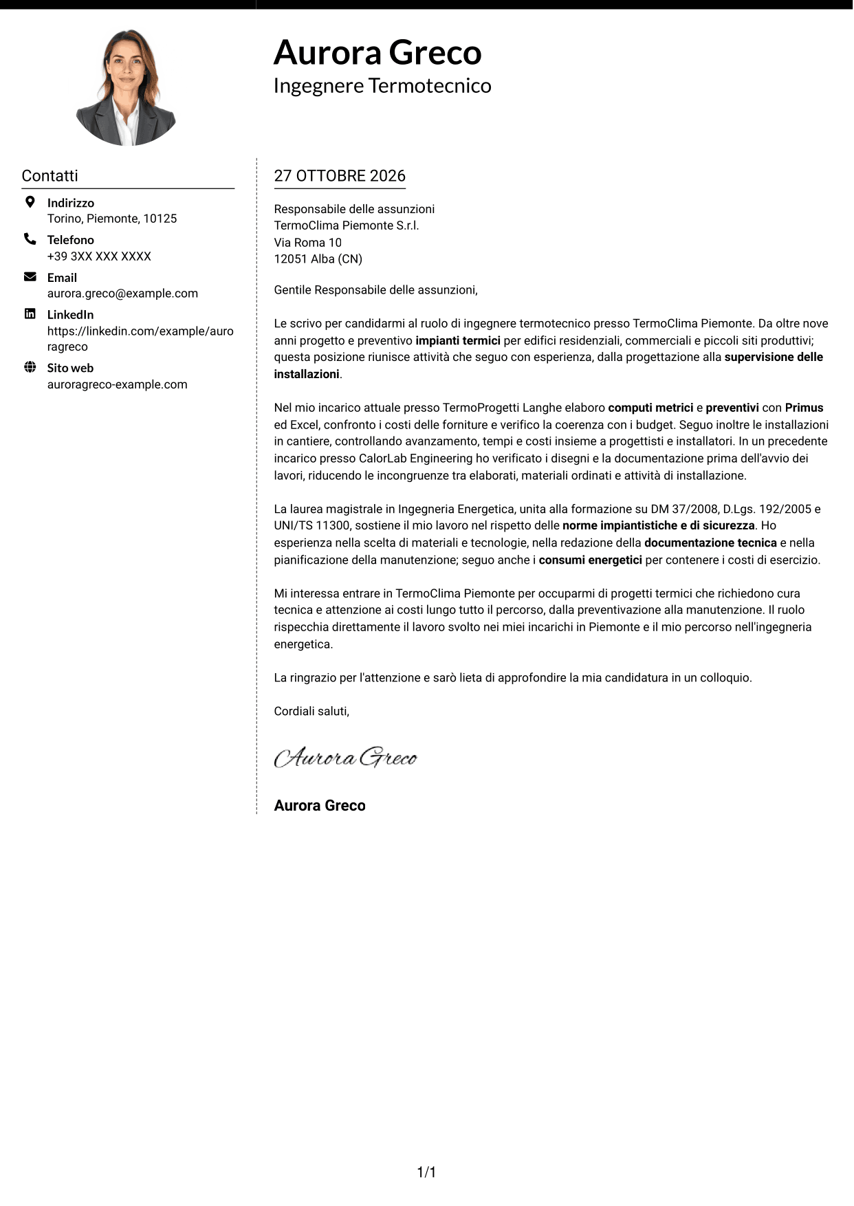 Lettera di presentazione Moderno (formato a due colonne con foto a sinistra e separatore): Ingegnere Termotecnico - Progettazione di Impianti Termici, pagina 1