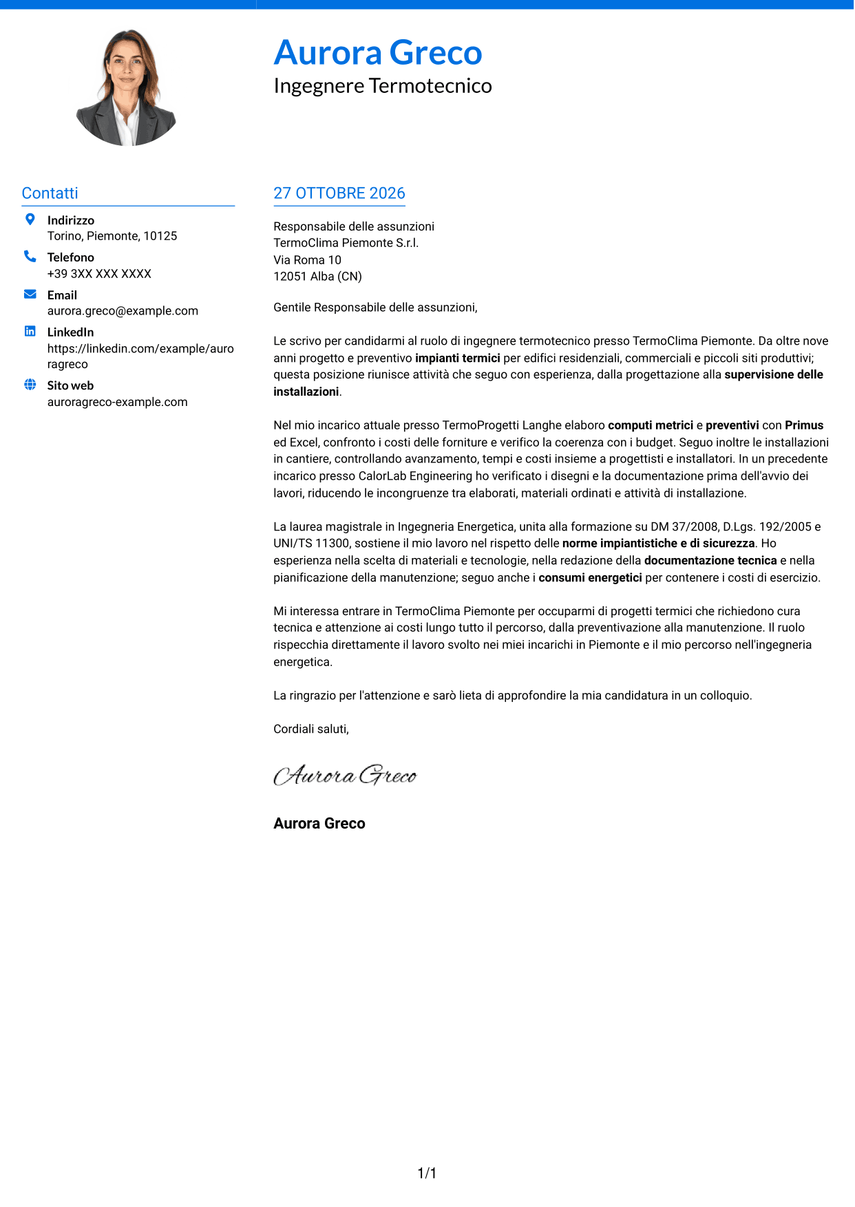 Lettera di presentazione Audace (formato a due colonne con accenti colorati e foto): Ingegnere Termotecnico - Progettazione di Impianti Termici, pagina 1