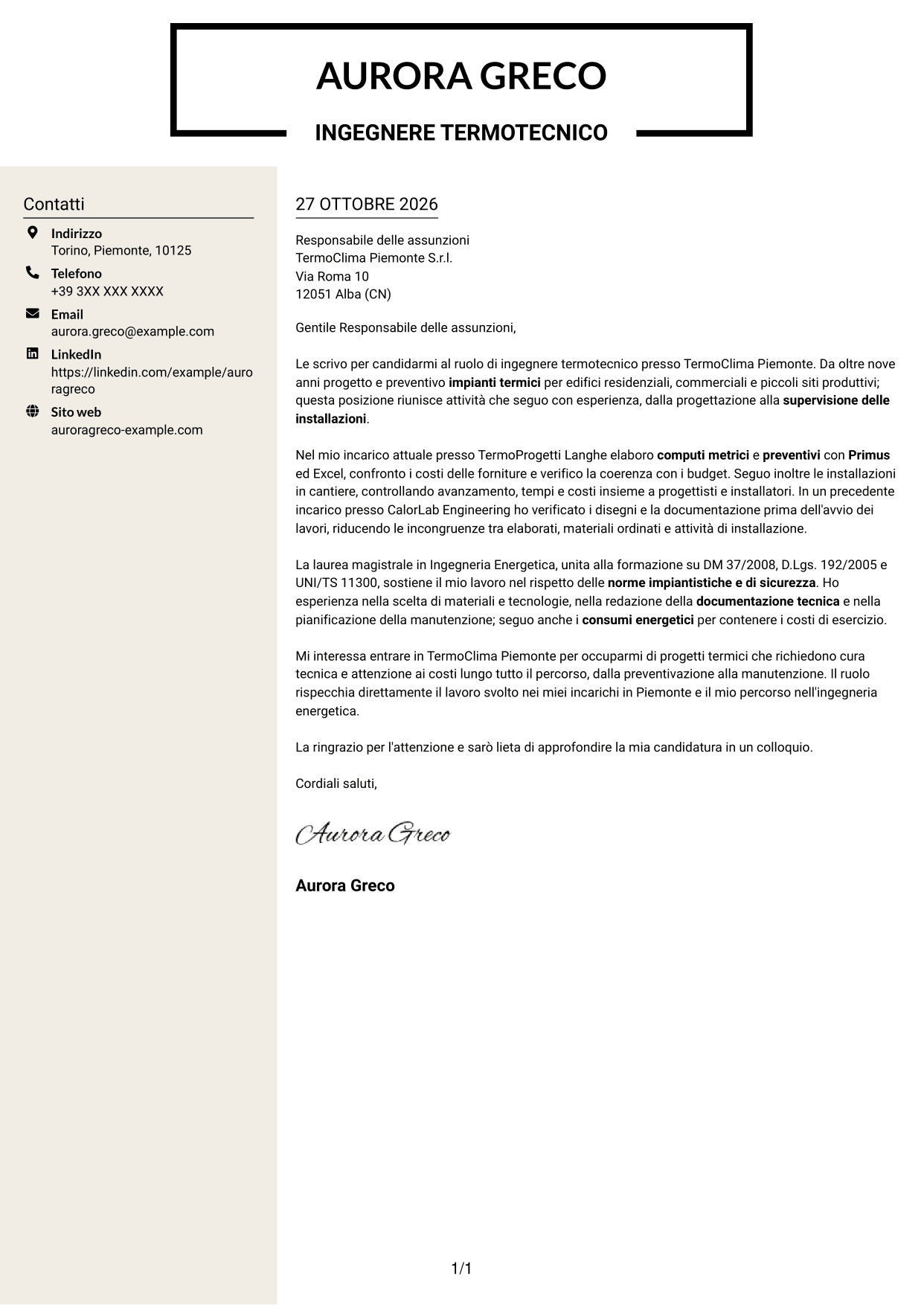 Lettera di presentazione Intraprendente (formato a due colonne con intestazione centrata senza foto): Ingegnere Termotecnico - Progettazione di Impianti Termici, pagina 1