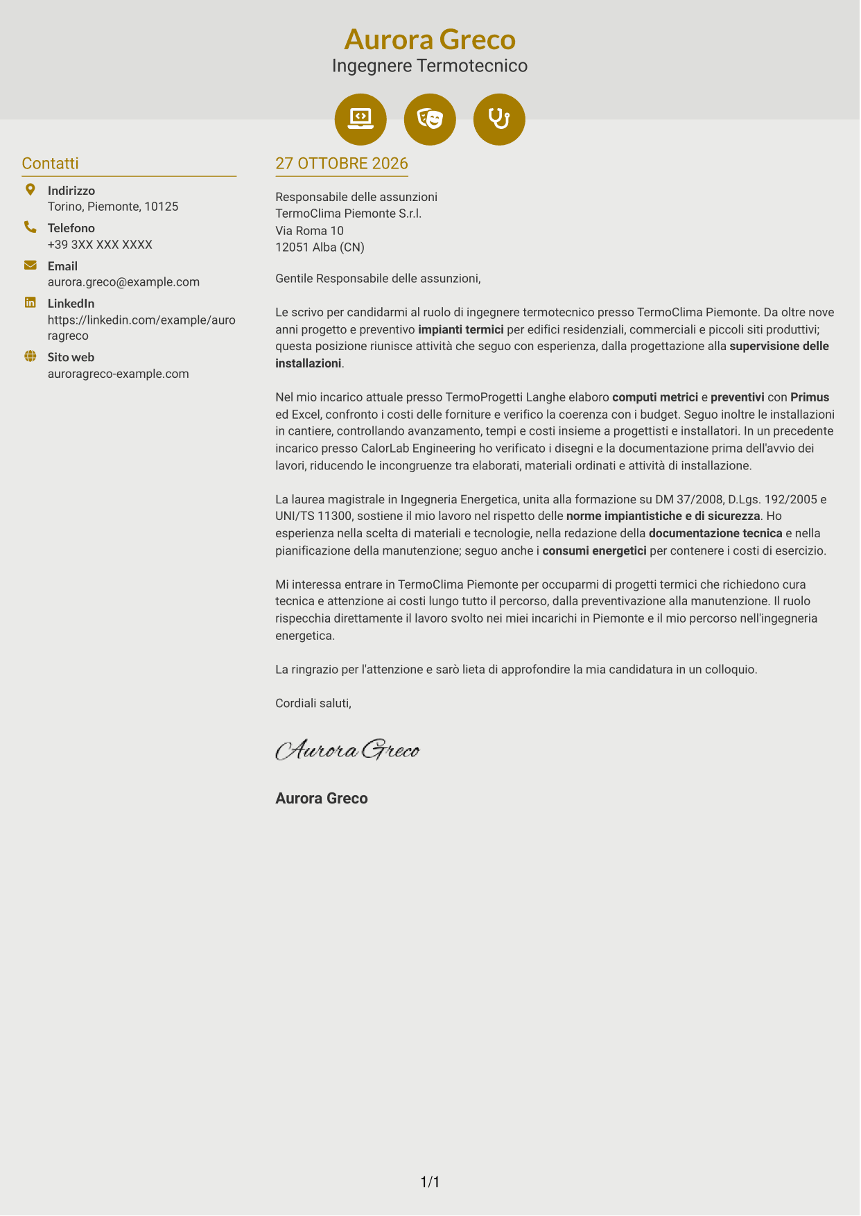 Lettera di presentazione Dinamico (formato a due colonne con icone): Ingegnere Termotecnico - Progettazione di Impianti Termici, pagina 1