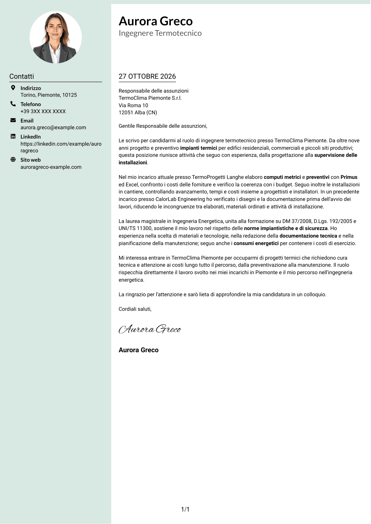 Lettera di presentazione Dirigente (formato con colonna laterale tenue e foto arrotondata): Ingegnere Termotecnico - Progettazione di Impianti Termici, pagina 1