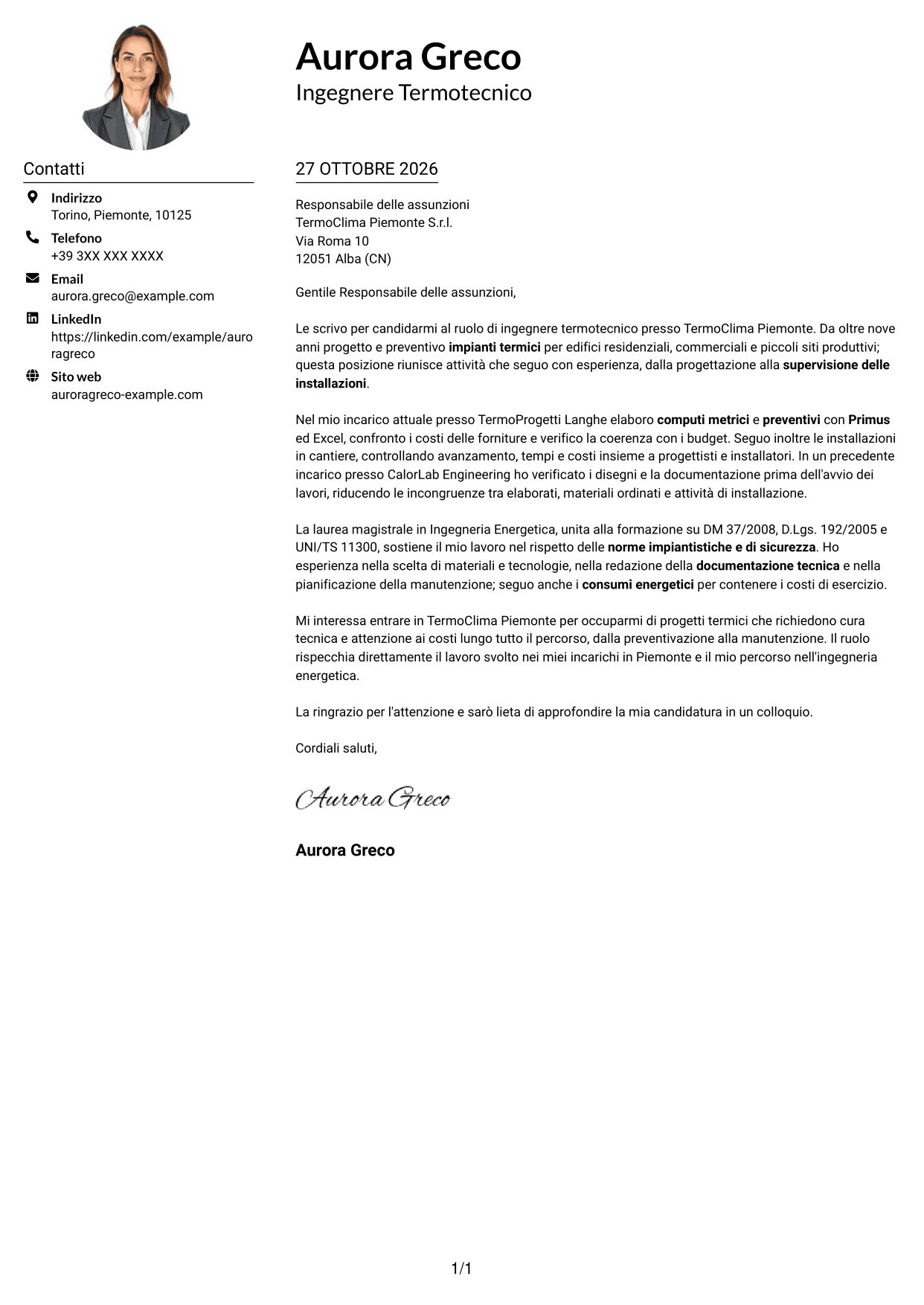 Esempio di lettera di presentazione — pagina 1