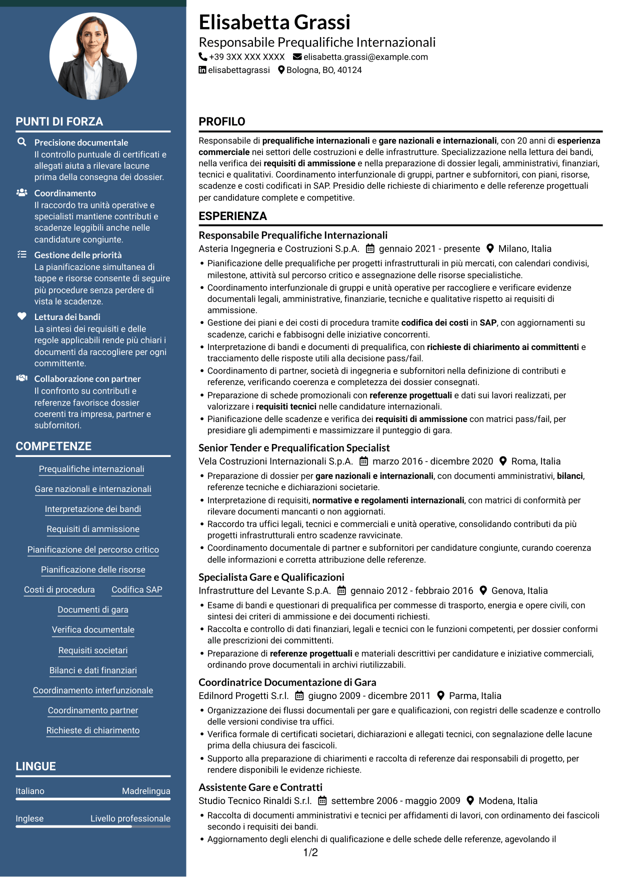 CV Elegante (formato con colonna laterale colorata e foto): International Prequalification Manager, pagina 1