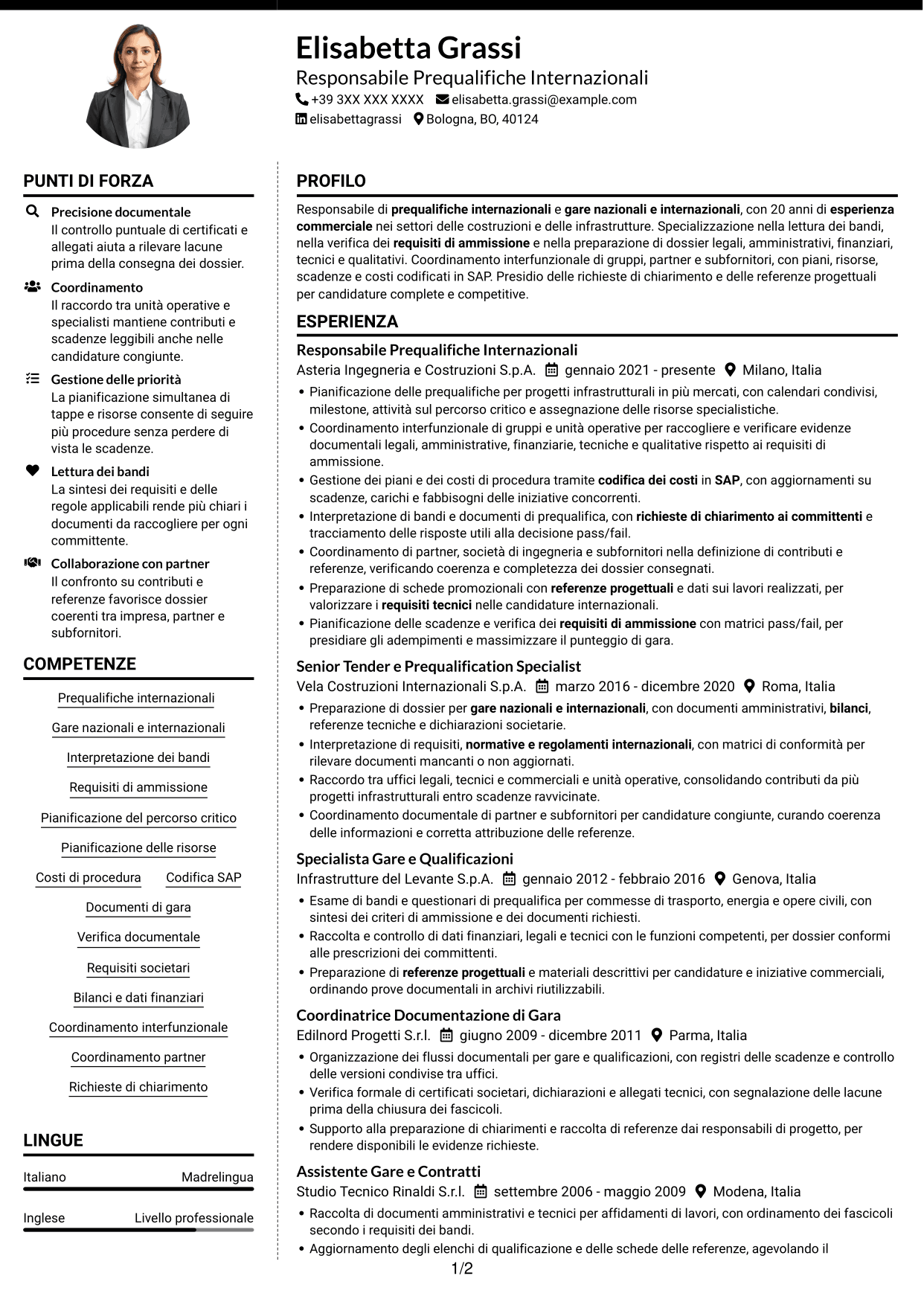 CV Moderno (formato a due colonne con foto a sinistra e separatore): International Prequalification Manager, pagina 1
