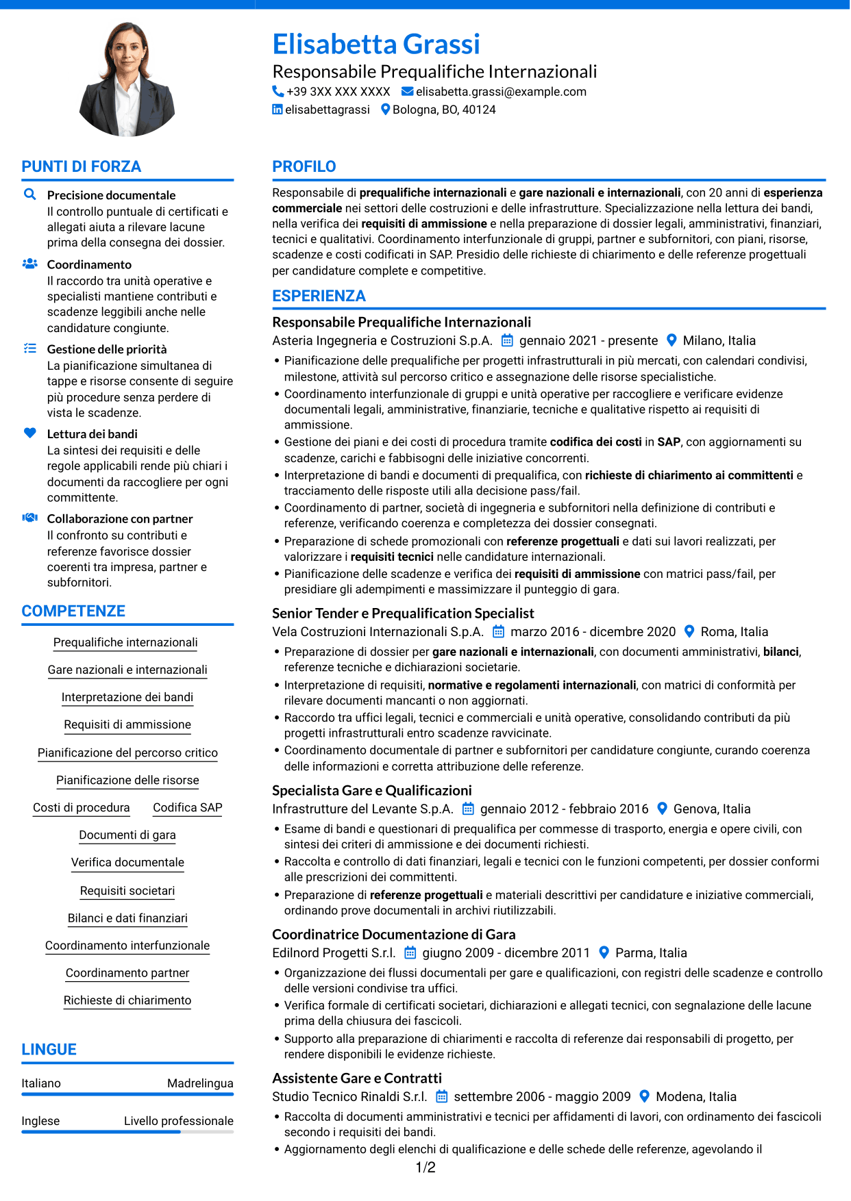 CV Audace (formato a due colonne con accenti colorati e foto): International Prequalification Manager, pagina 1