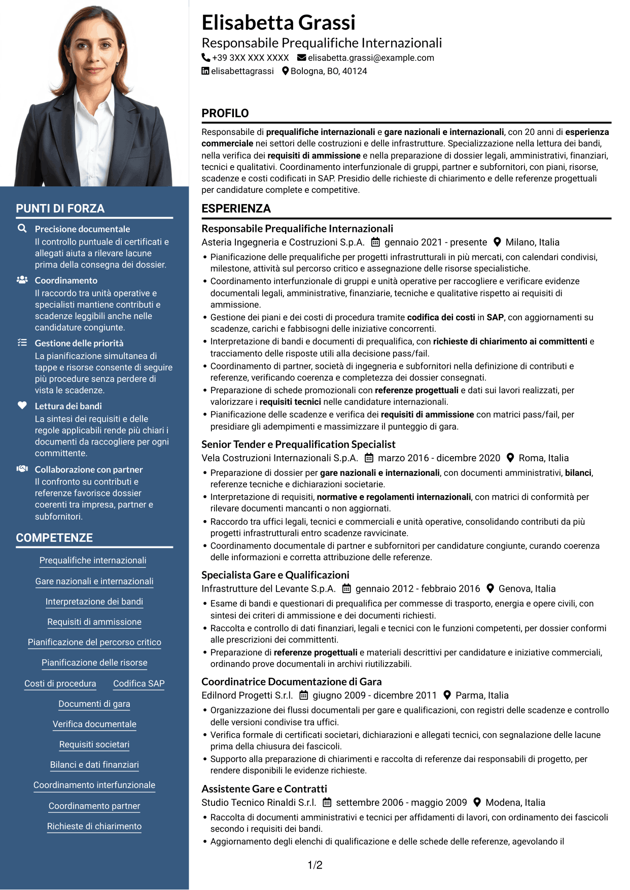 CV Signature (formato con colonna laterale colorata e foto grande): International Prequalification Manager, pagina 1