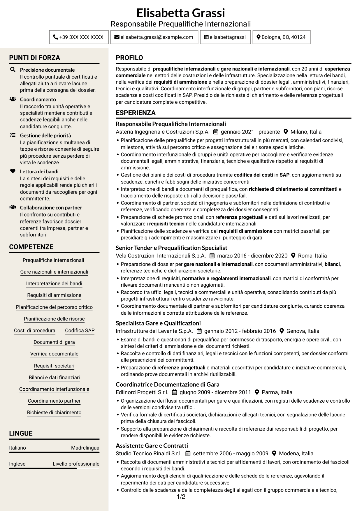 CV Intraprendente (formato a due colonne con intestazione centrata senza foto): International Prequalification Manager, pagina 1