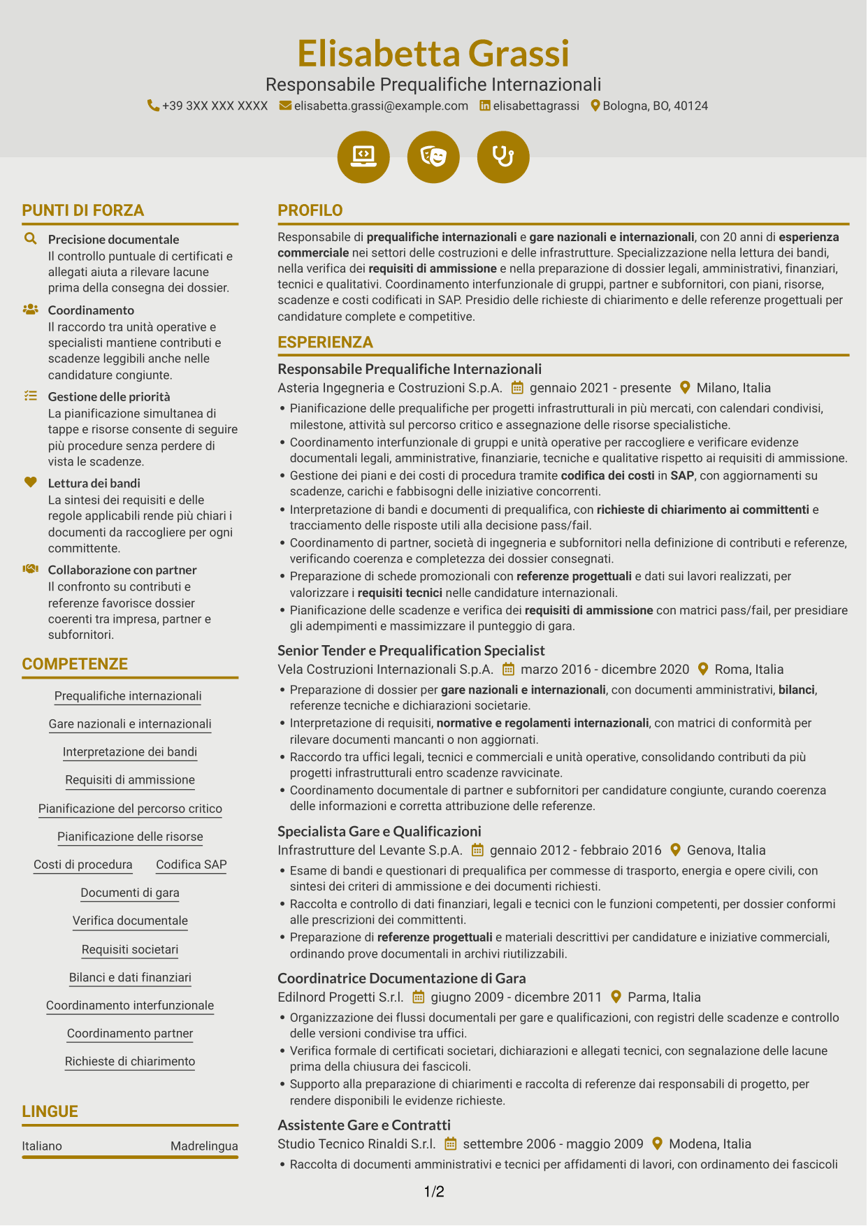CV Dinamico (formato a due colonne con icone): International Prequalification Manager, pagina 1