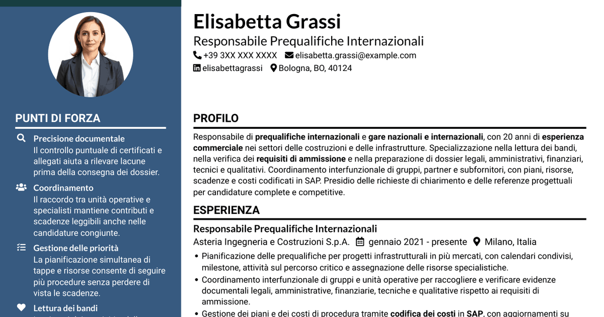 7 modelli di CV per International Prequalification Manager, con esempi