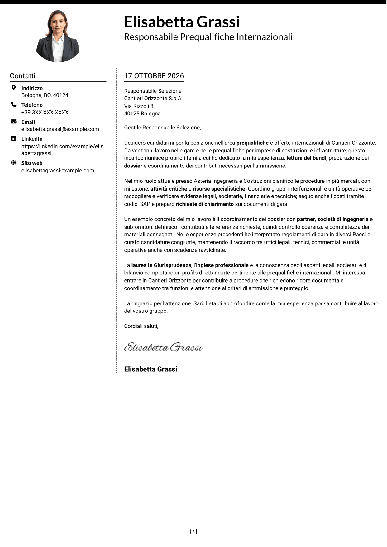 Lettera di presentazione Moderno (formato a due colonne con foto a sinistra e separatore): International Prequalification Manager, pagina 1