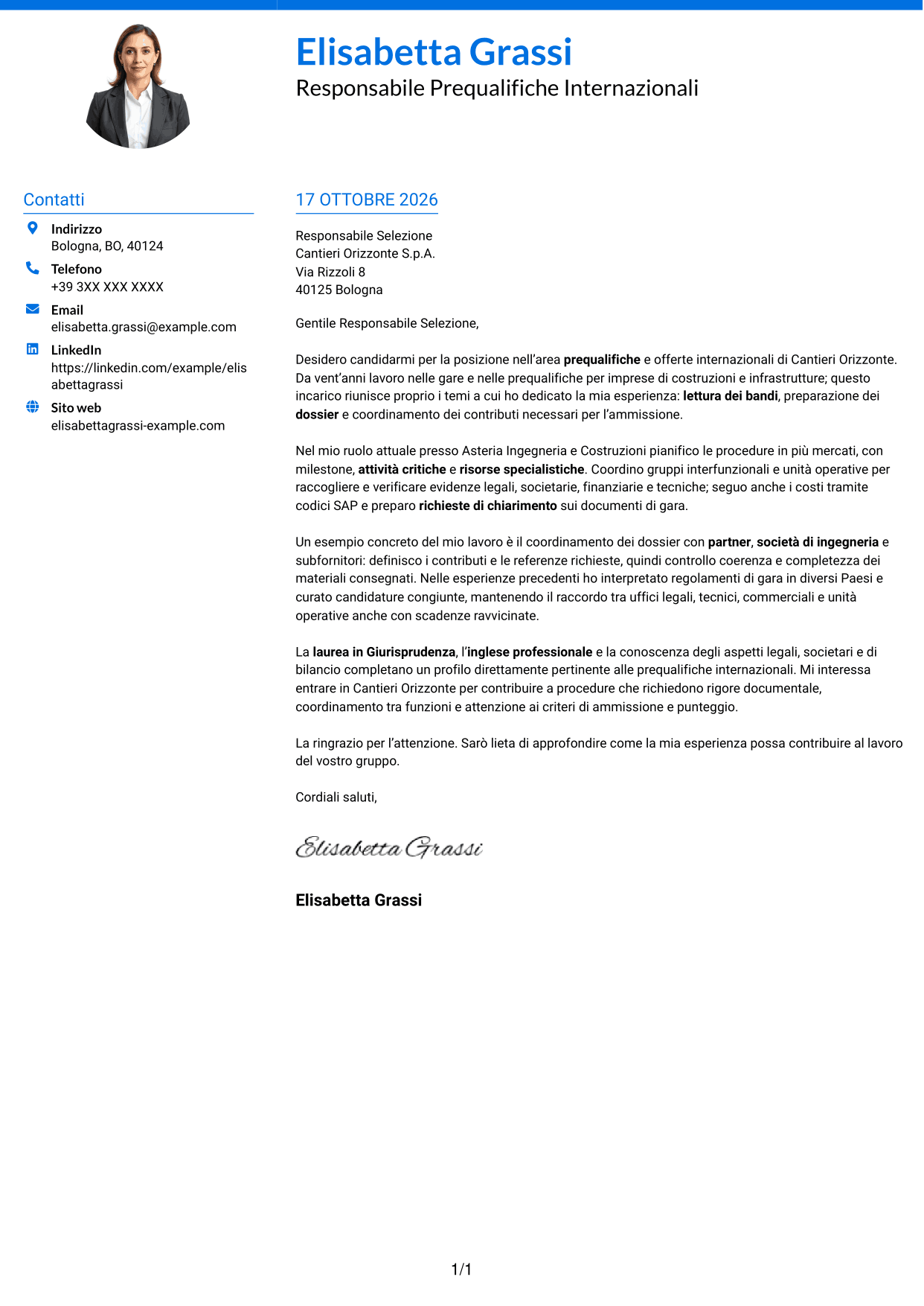 Lettera di presentazione Audace (formato a due colonne con accenti colorati e foto): International Prequalification Manager, pagina 1
