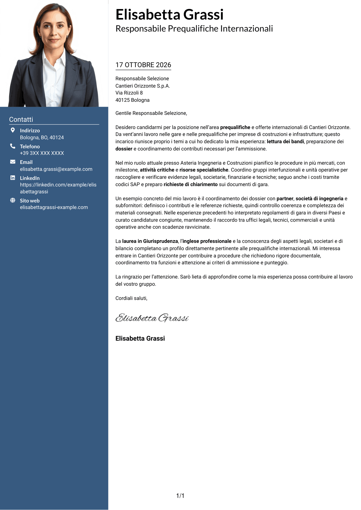 Lettera di presentazione Signature (formato con colonna laterale colorata e foto grande): International Prequalification Manager, pagina 1