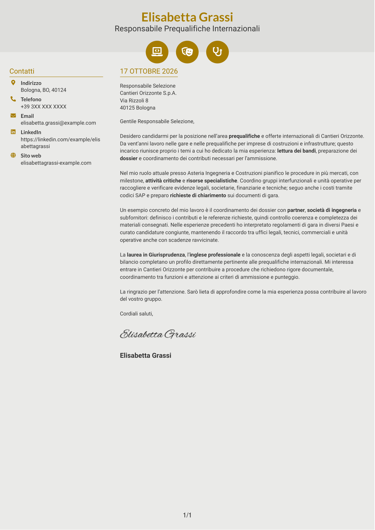 Lettera di presentazione Dinamico (formato a due colonne con icone): International Prequalification Manager, pagina 1