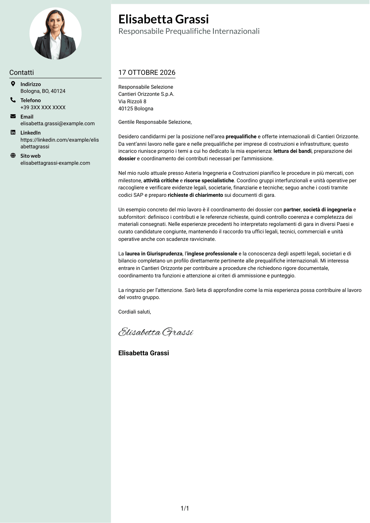 Lettera di presentazione Dirigente (formato con colonna laterale tenue e foto arrotondata): International Prequalification Manager, pagina 1