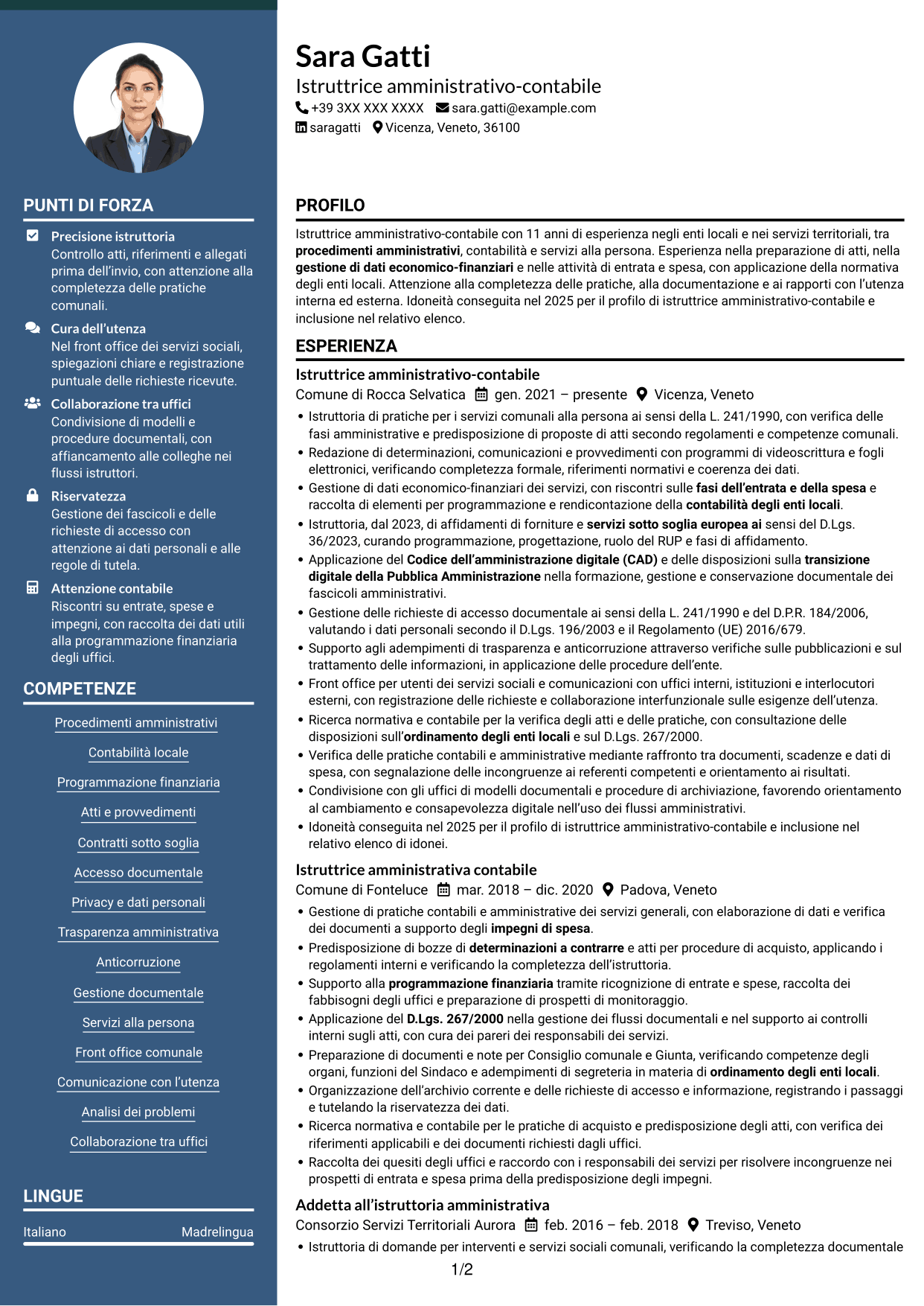 CV Elegante (formato con colonna laterale colorata e foto): Istruttore amministrativo contabile - Servizi alla persona, pagina 1
