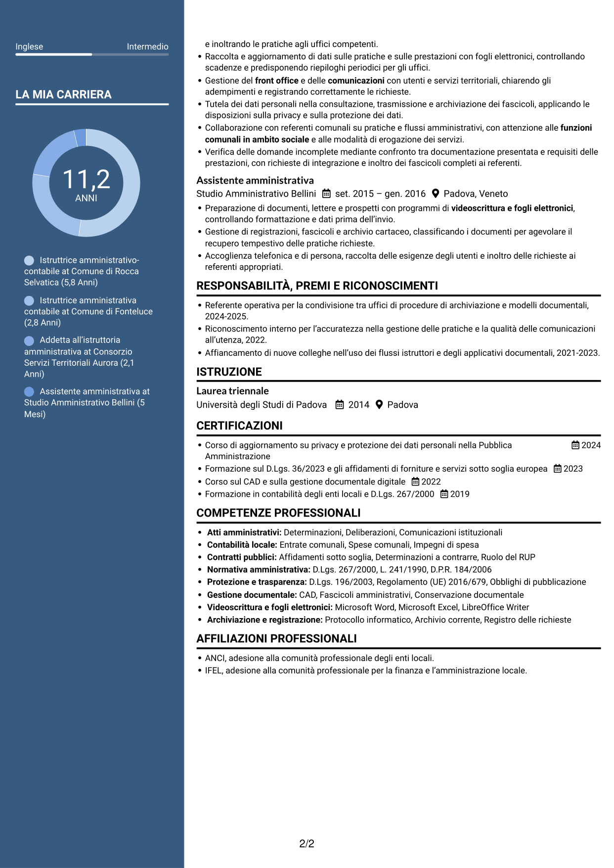 CV Elegante (formato con colonna laterale colorata e foto): Istruttore amministrativo contabile - Servizi alla persona, pagina 2