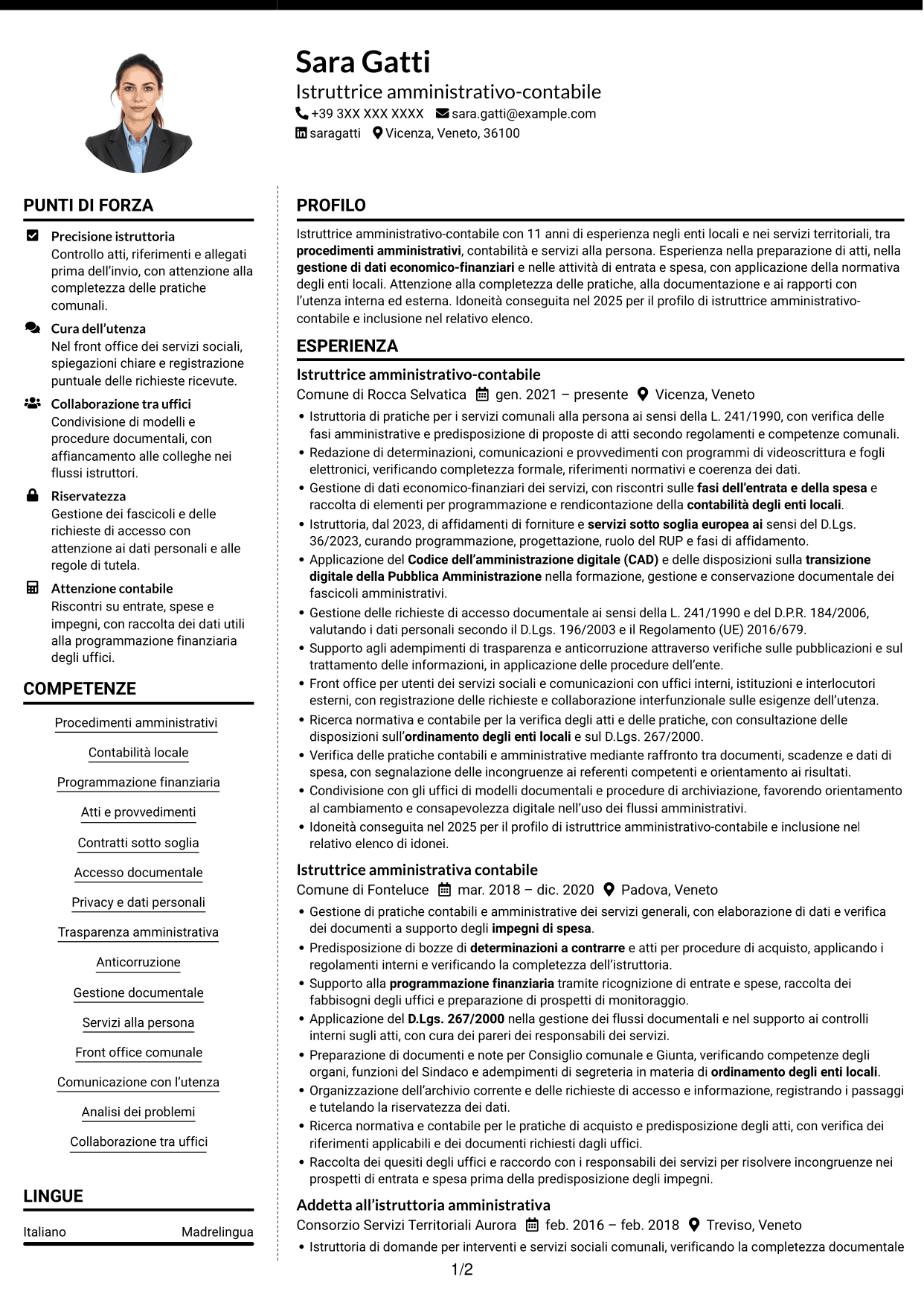 CV Moderno (formato a due colonne con foto a sinistra e separatore): Istruttore amministrativo contabile - Servizi alla persona, pagina 1