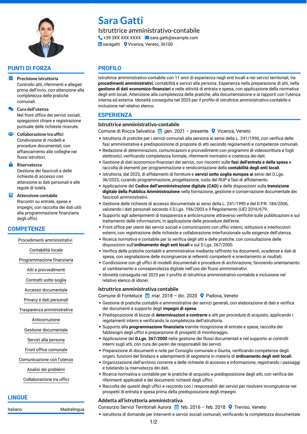CV Audace (formato a due colonne con accenti colorati e foto): Istruttore amministrativo contabile - Servizi alla persona, pagina 1