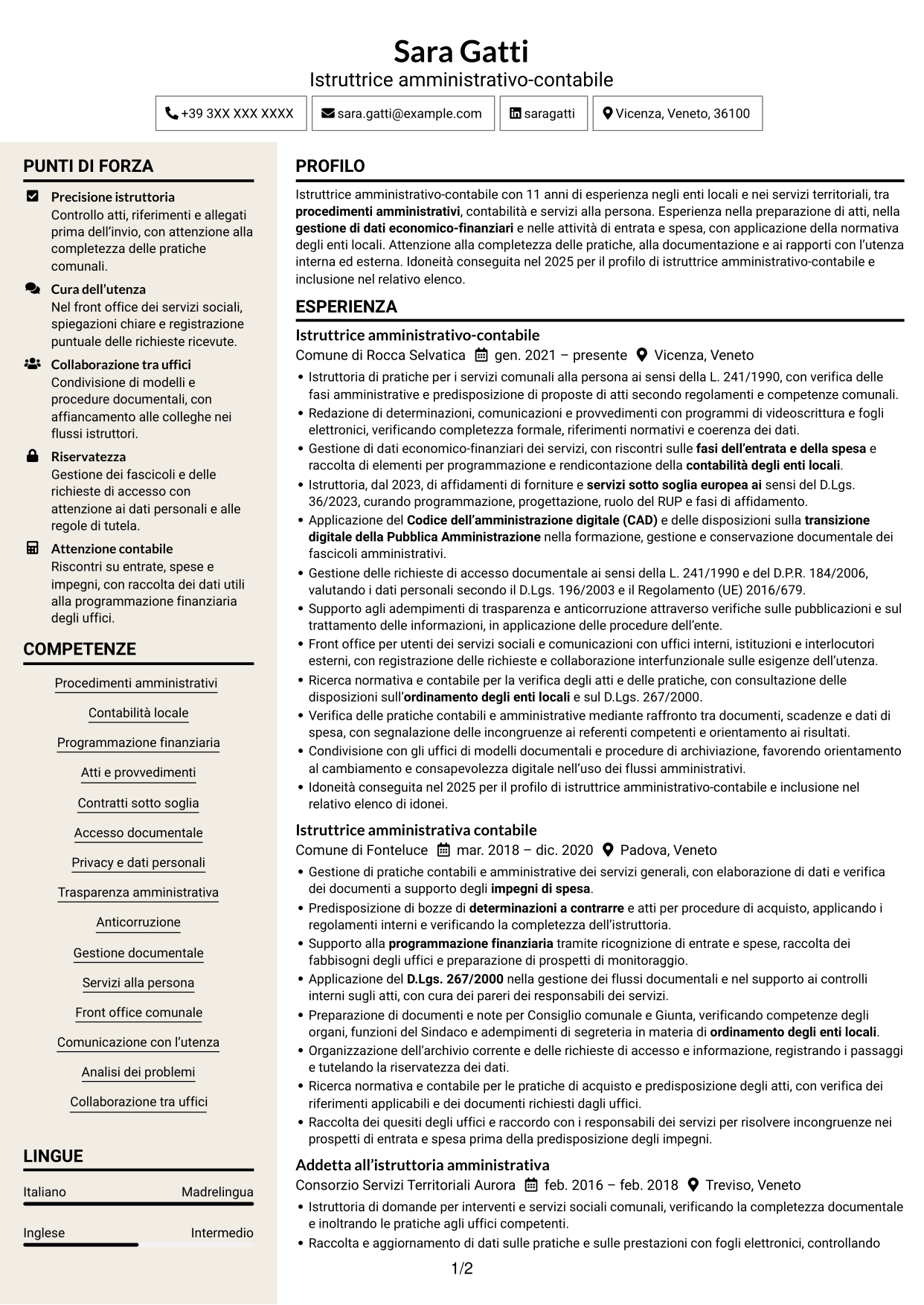 CV Intraprendente (formato a due colonne con intestazione centrata senza foto): Istruttore amministrativo contabile - Servizi alla persona, pagina 1