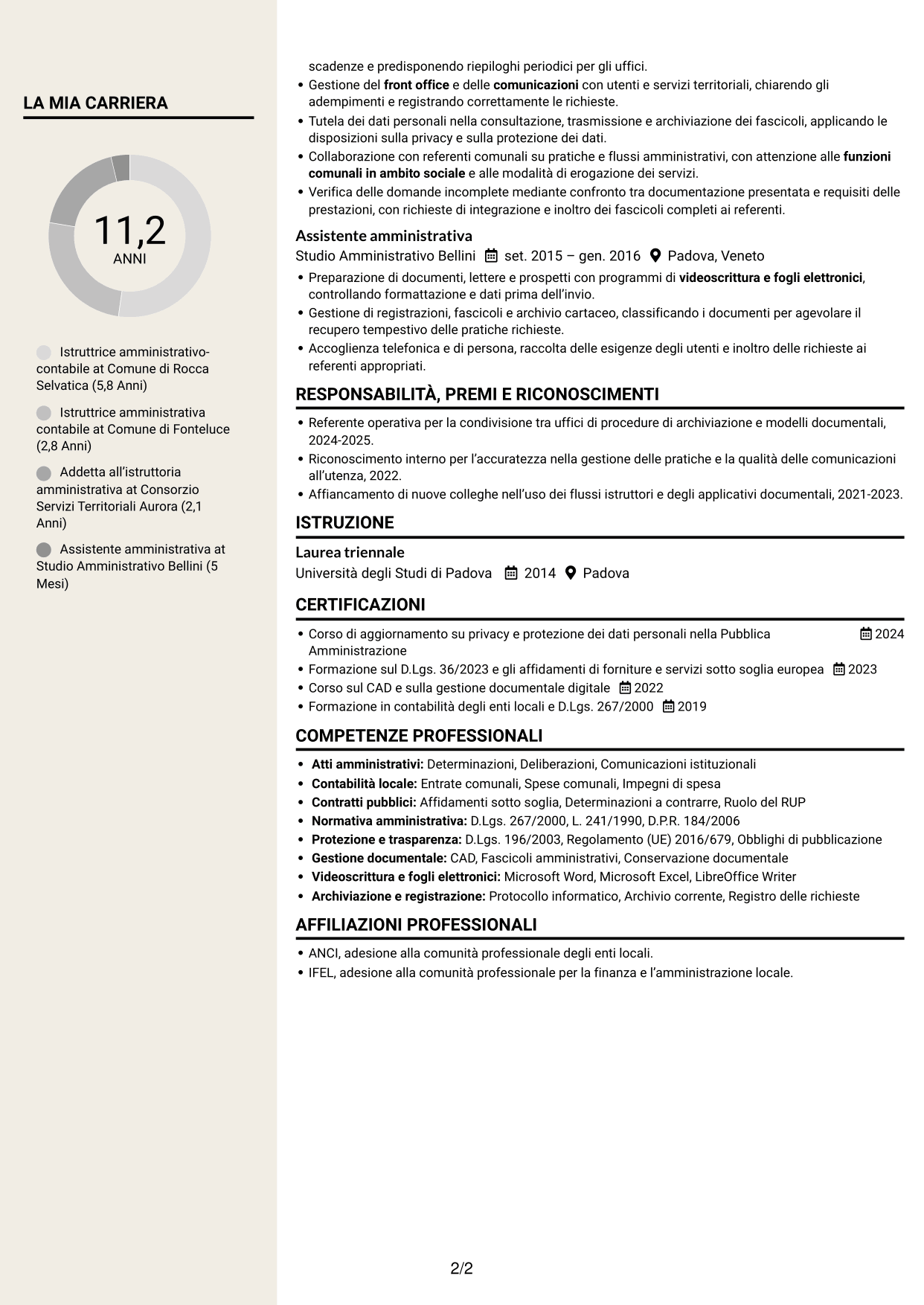 CV Intraprendente (formato a due colonne con intestazione centrata senza foto): Istruttore amministrativo contabile - Servizi alla persona, pagina 2