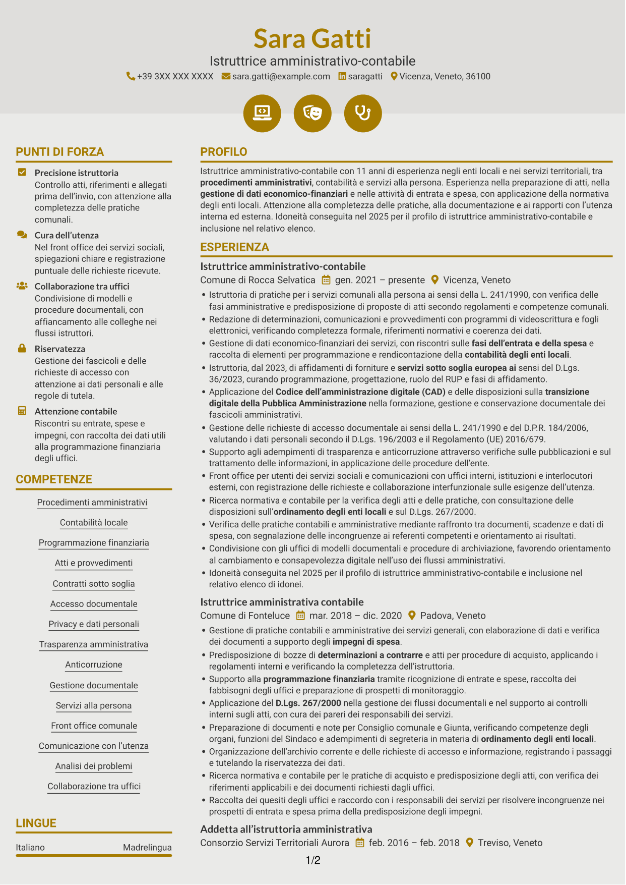 CV Dinamico (formato a due colonne con icone): Istruttore amministrativo contabile - Servizi alla persona, pagina 1