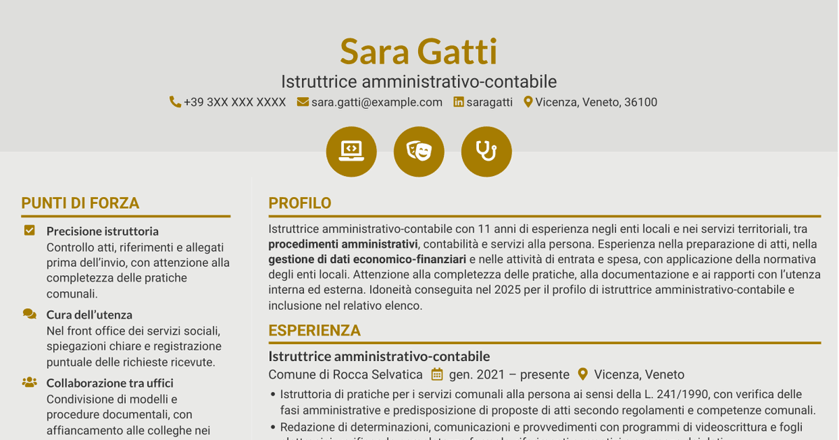 7 modelli di CV per Istruttore amministrativo contabile - Servizi alla persona, con esempi