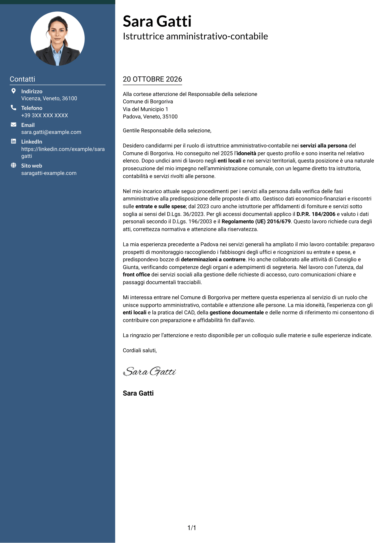 Lettera di presentazione Elegante (formato con colonna laterale colorata e foto): Istruttore amministrativo contabile - Servizi alla persona, pagina 1