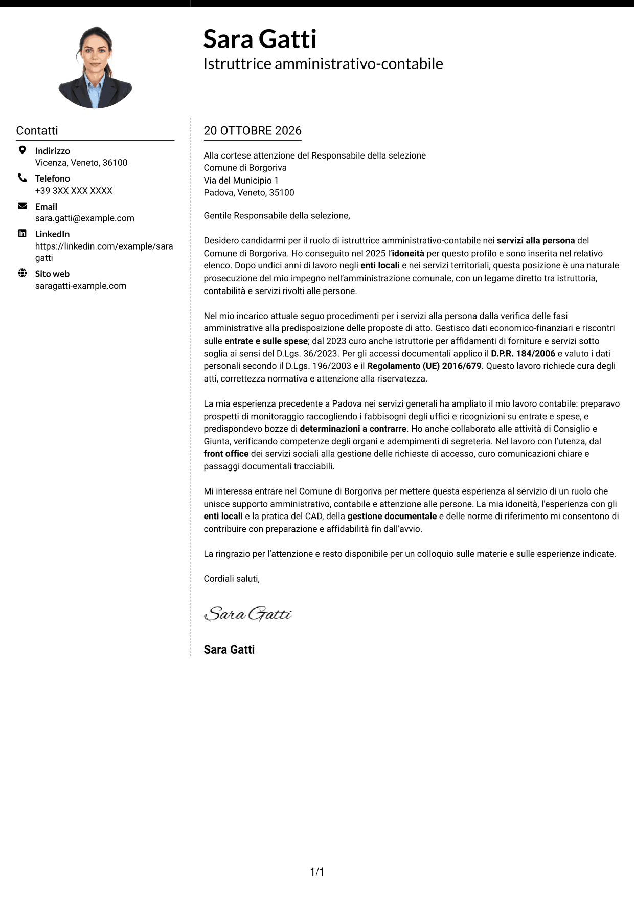 Lettera di presentazione Moderno (formato a due colonne con foto a sinistra e separatore): Istruttore amministrativo contabile - Servizi alla persona, pagina 1