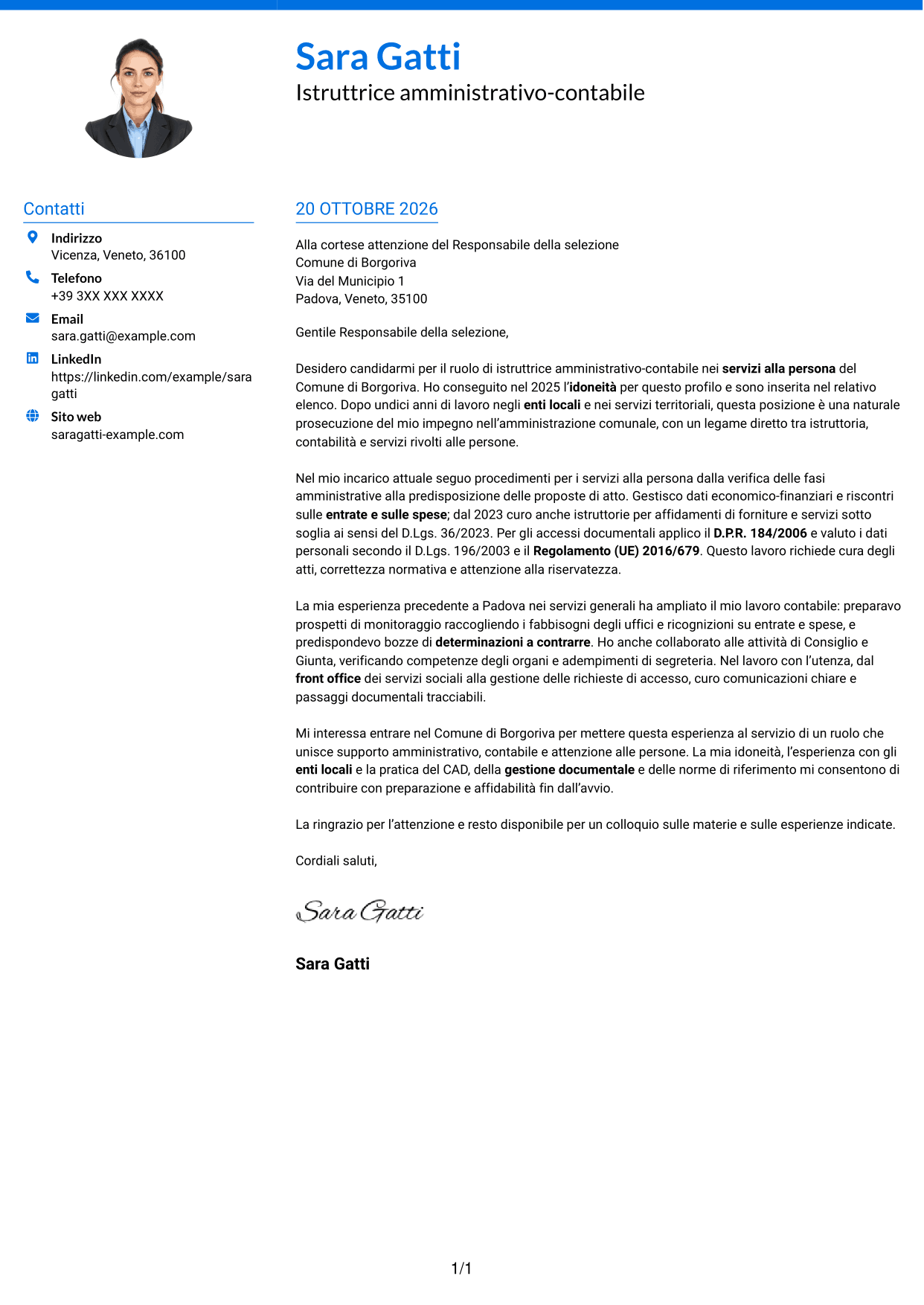 Lettera di presentazione Audace (formato a due colonne con accenti colorati e foto): Istruttore amministrativo contabile - Servizi alla persona, pagina 1