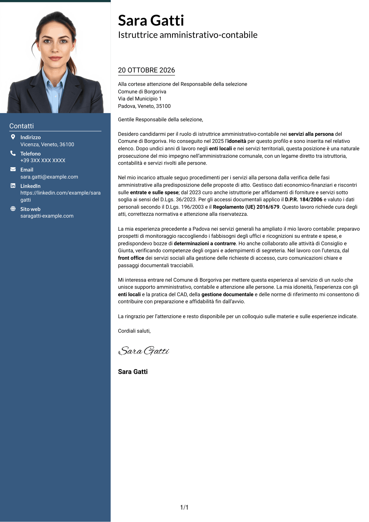 Lettera di presentazione Signature (formato con colonna laterale colorata e foto grande): Istruttore amministrativo contabile - Servizi alla persona, pagina 1