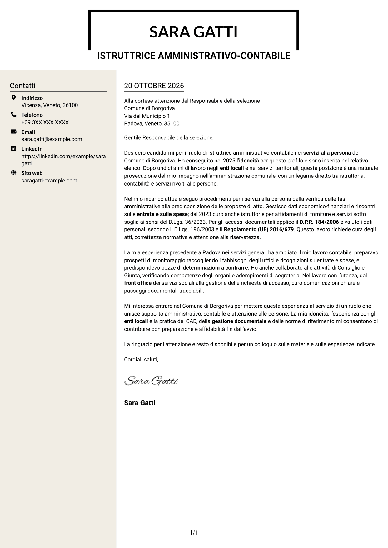 Lettera di presentazione Intraprendente (formato a due colonne con intestazione centrata senza foto): Istruttore amministrativo contabile - Servizi alla persona, pagina 1