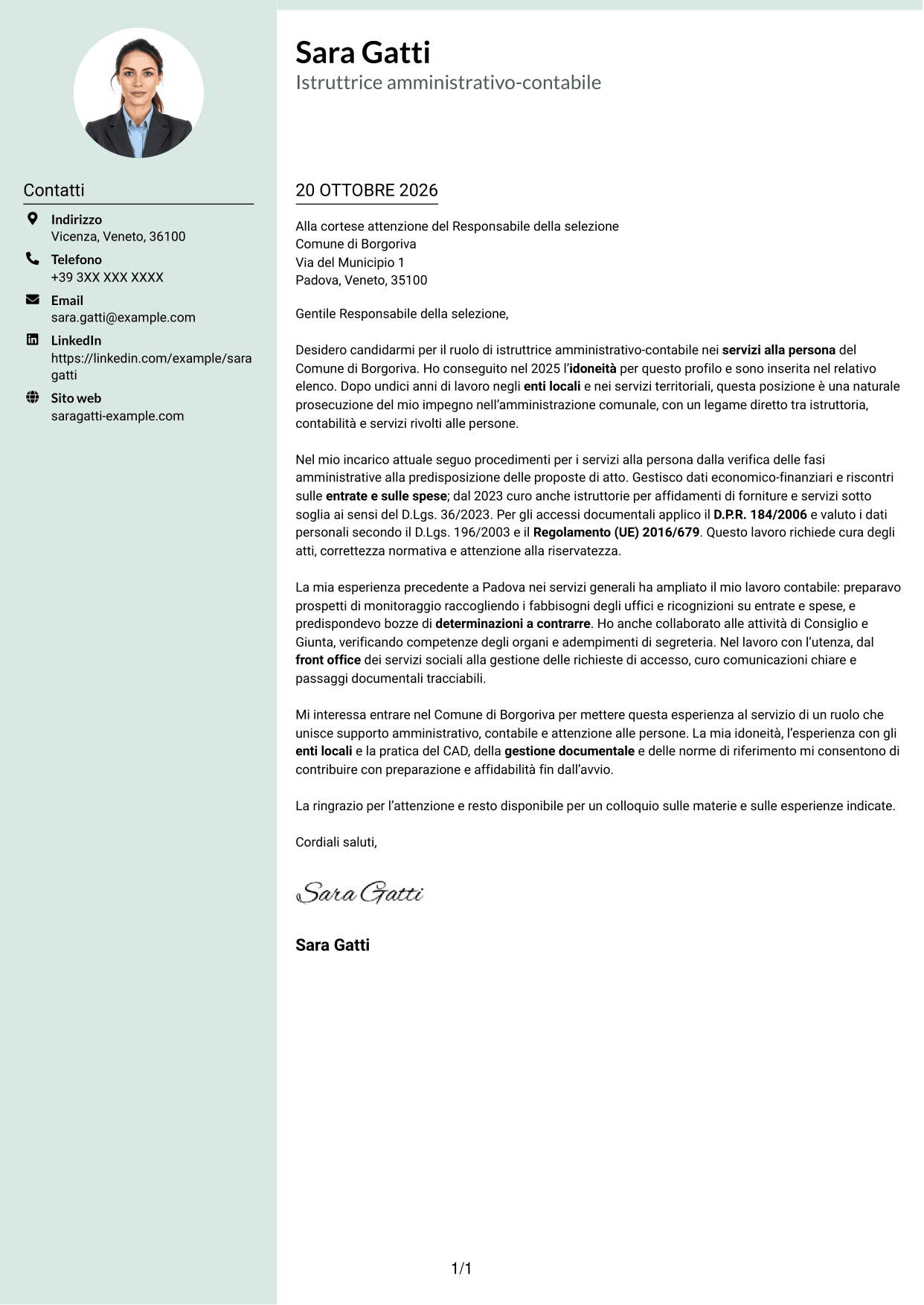 Lettera di presentazione Dirigente (formato con colonna laterale tenue e foto arrotondata): Istruttore amministrativo contabile - Servizi alla persona, pagina 1