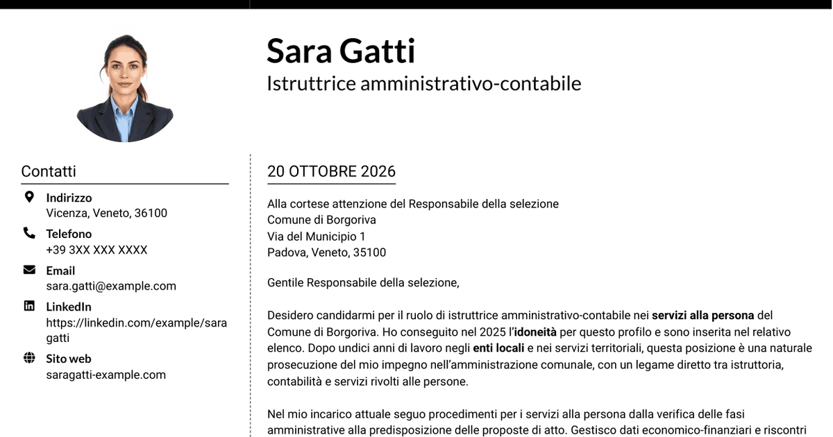 7 modelli di lettera di presentazione per Istruttore amministrativo contabile - Servizi alla persona, con esempi